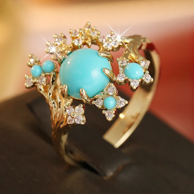 Ladies' Tree Branch Hollowed Out Ring Inlay Synthetic Turquoise Golden Plated Ring Temperament Jewelry Accessory