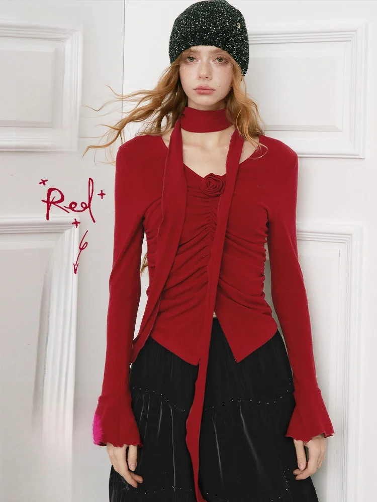 

Slim Fit V-Ne T-irt Women's Casual Sle Long Sve Red Wine Par New Year's Celebration Gatherings Pleated Top