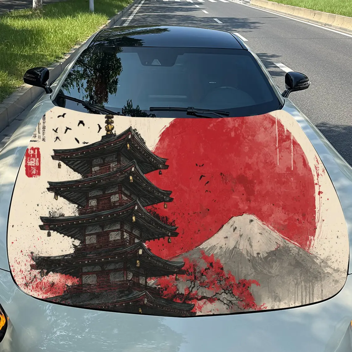 

Elegant - Style Japanese Pagoda PVC Car Engine Hood Vinyl Wraps, Self-Adhesive Waterproof Car Hood Decal Sticker, Car Decoration