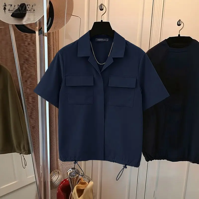 

Женская летняя рубашка-пуловер с короткими рукавами, воротником с лацканами, карманами и завязками по низу, блузка ZANZEA, повседневная однотонная блузка для женщин