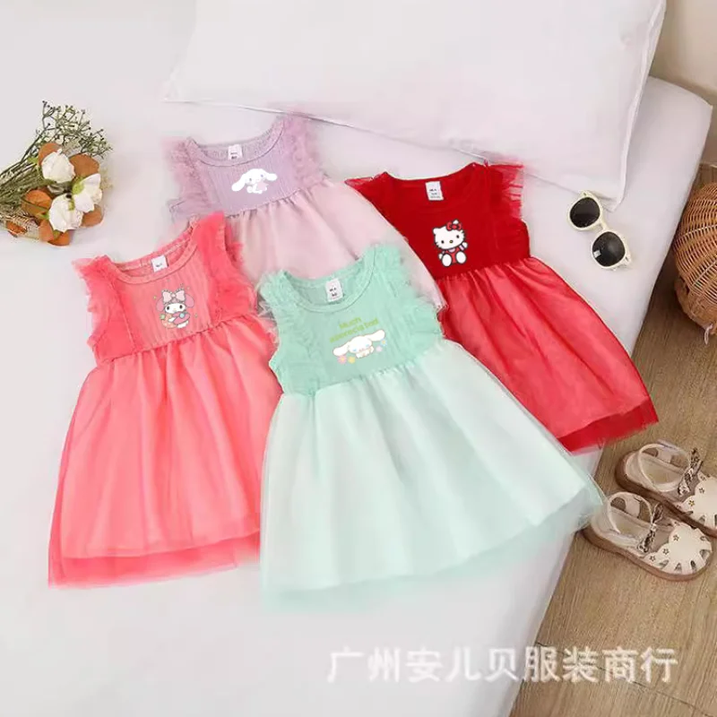 

Miniso Sanrio Cinnamoroll Children's Dresses Cartoon My Melody Hello Kitty Print Summer New Female Baby Net Gauze Princess Skirt