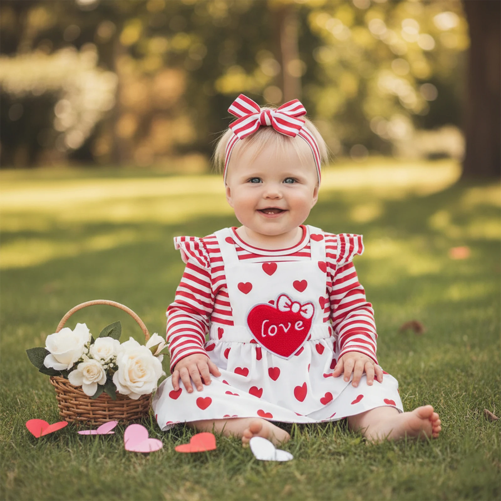 ملابس عيد الحب للفتيات الصغيرات بأكمام طويلة وطباعة مخططة + تنورة بحمالات + مجموعة عصابة رأس