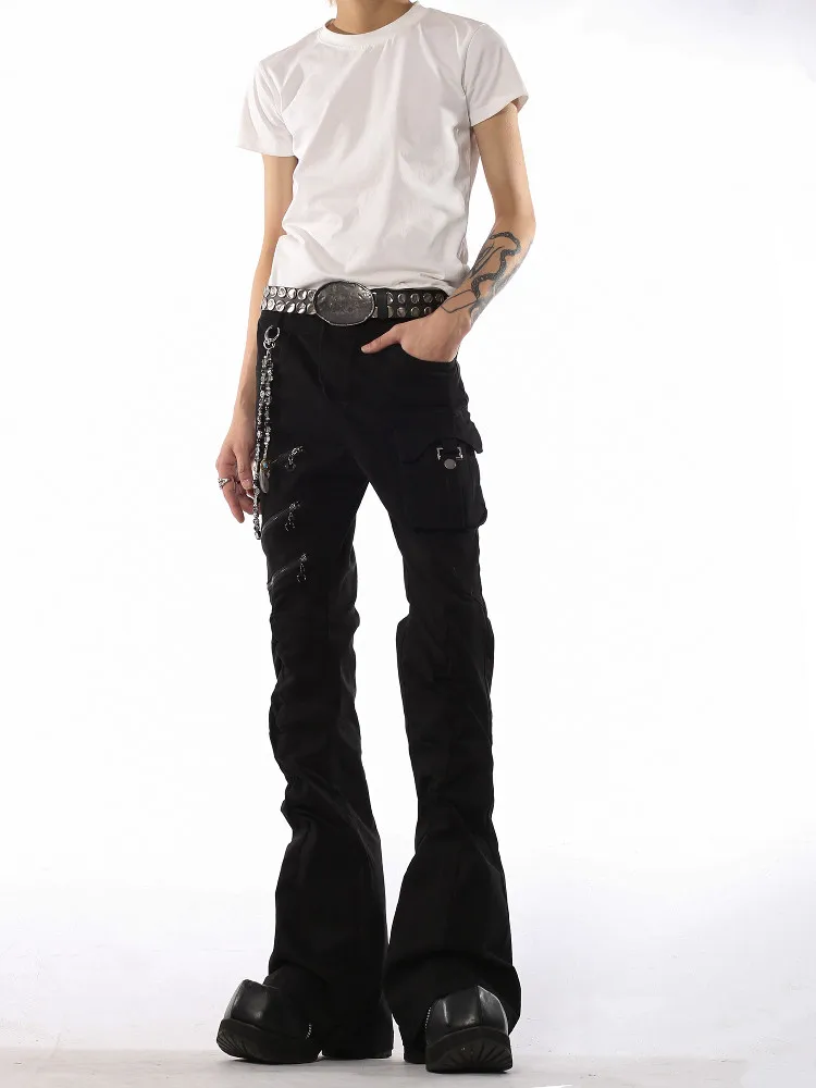 American High Street Retro Black Vibe Pleated Micro Flared Workwear Long Pants Men Slim Fit Casual Straight Leg Trendy Jeans