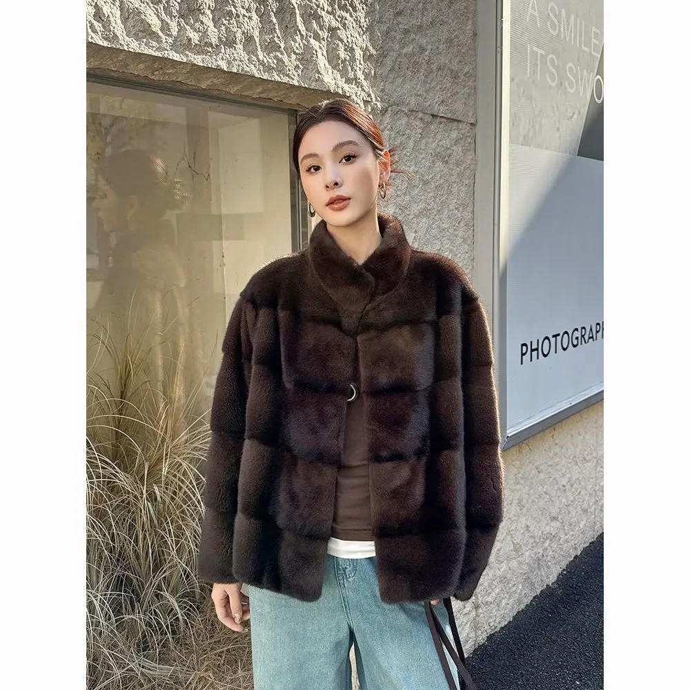 2026 Winter New Mink Coat Women's Fashion Velvet Imitation Mink Horizontal Standing Collar Fur Coats Female Short Outwear Top