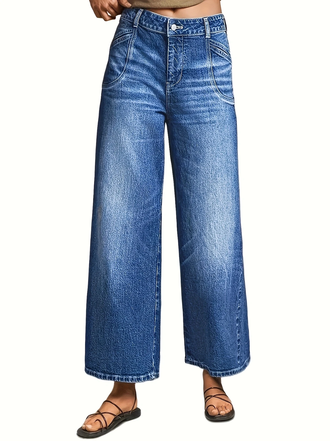 بنطلون جينز فضفاض واسع الساق عالي الخصر ومستقيم الساق للنساء