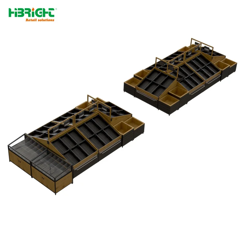 custom.Double-Sided Wooden Fruit Vegetable Display Shelf Commercial Heavy Duty Supermarket Shelf Stand Rack
