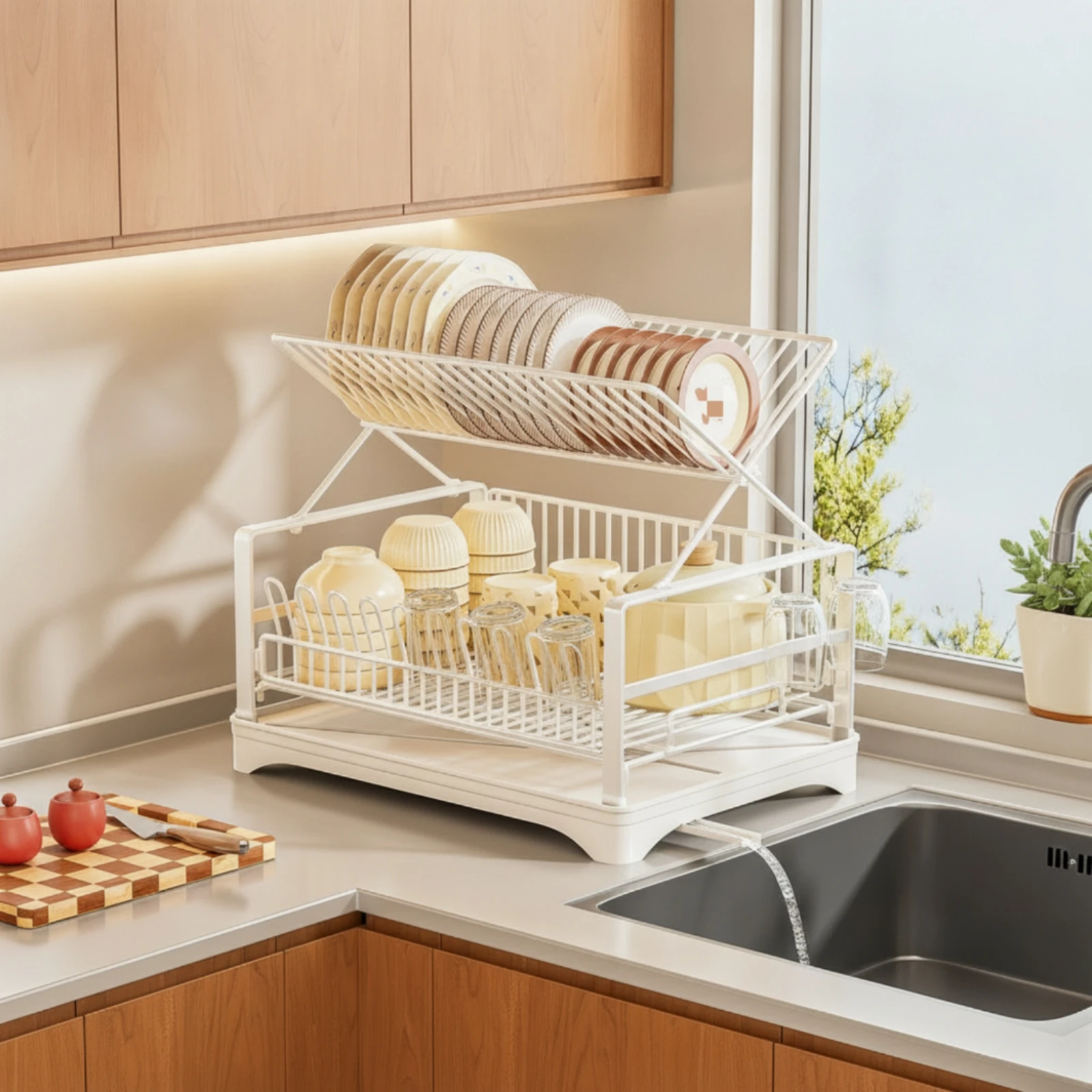 Dish Drying Rack with Water-Catch Tray Foldable 2-Tier Dish Rack Multifunctional Heavy-Duty for Rv Kitchen