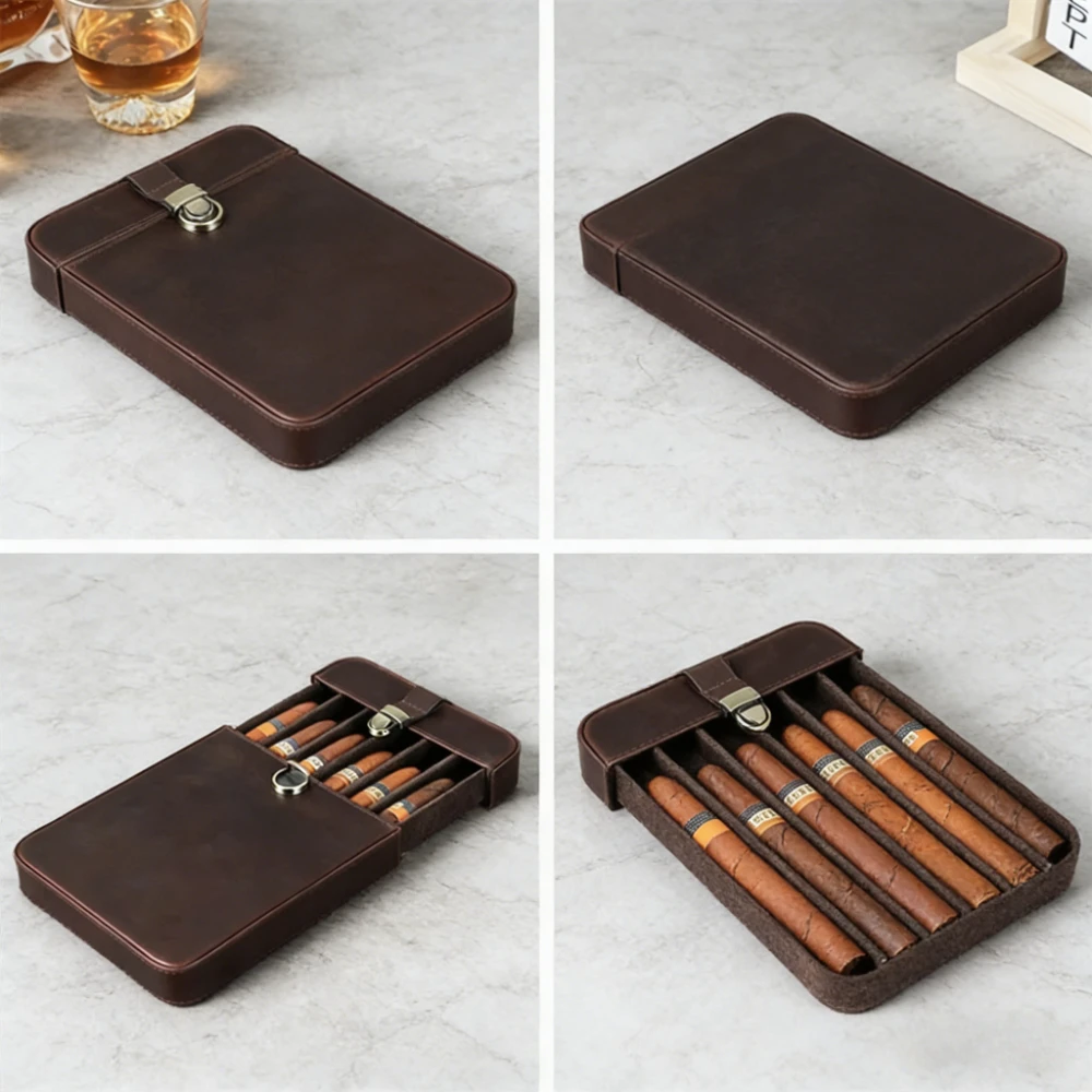 

Luxury Travel Cigar Humidor Box 6 Capacity Retro Genuine Leather Case with Brass Buckle Premium Cigar Accessories for Men Gifts