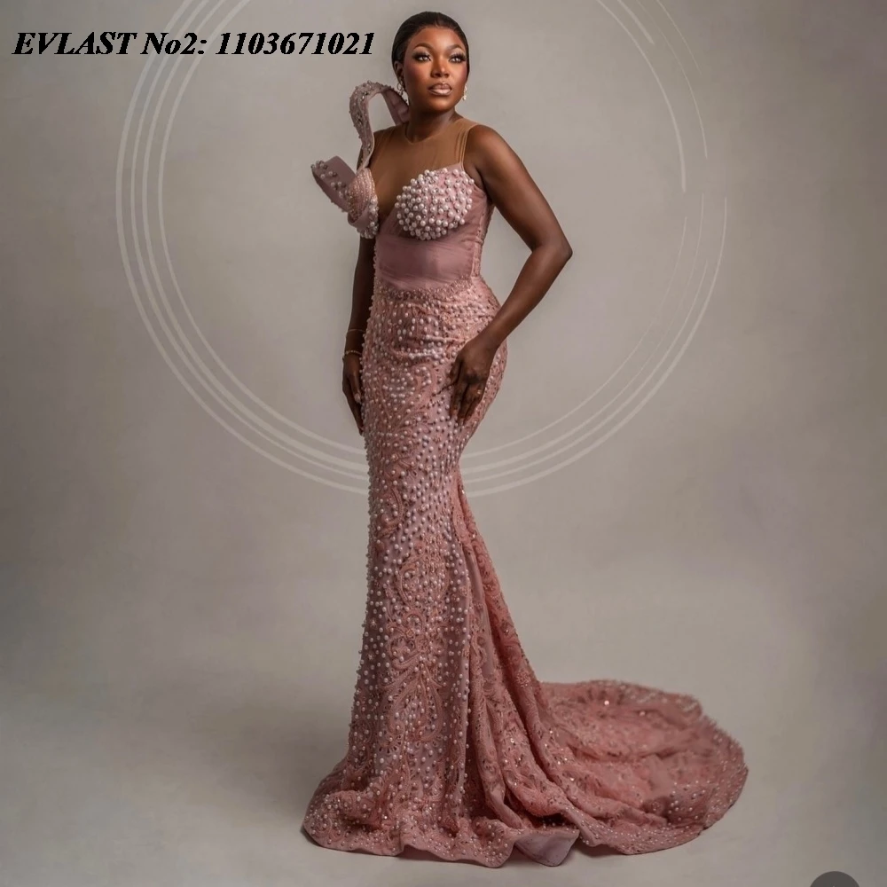 

EVLAST Customized African Pink Crystal Beading Pearls Prom Dress Black Girls Mermaid For Special Occasion Party Gown E2P187