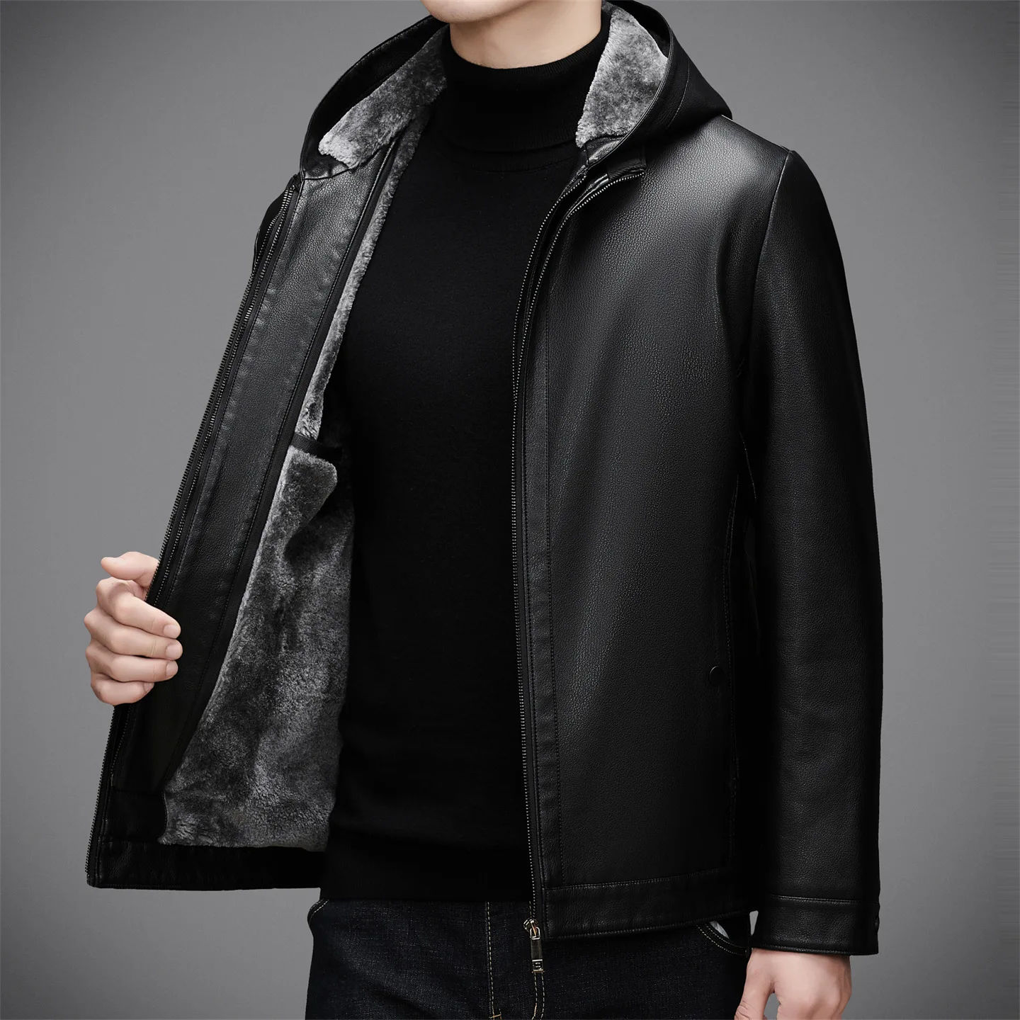 

Winter high-end real leather jacket with fur integrated hooded leather jacket and thickened fur jacket for men