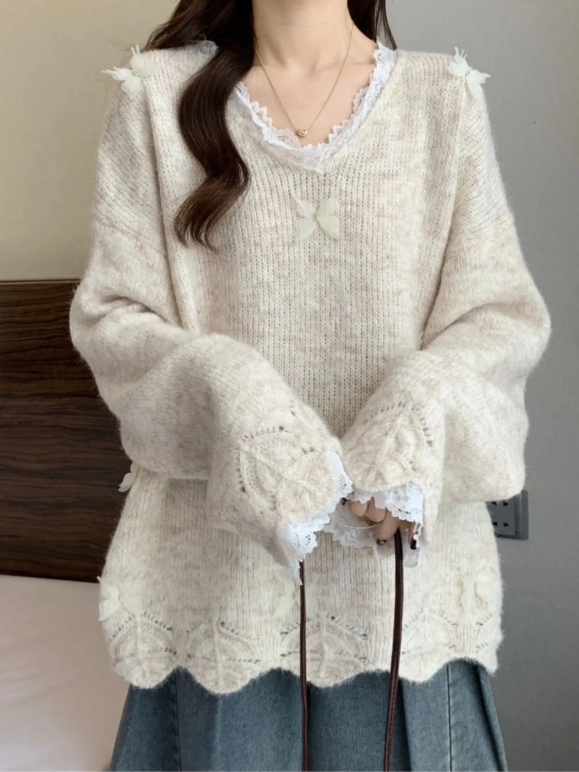 

Sweaters Jumpers Pullovers Woman Y2K White Wool Softy Pattern Mid-Length BF Work Wear Business Elegance Winter Stretch Sport Ins