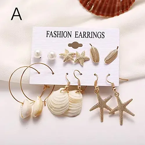 Starfish Shell Conch Stud Earrings Metal 5 Pointed Star Scallop Conch Stud Dangle Drop Earrings Gift Set for Girls Women Jewelry