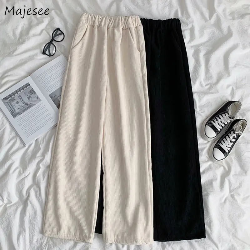 بنطال ذو قصة أرجل واسعة للنساء بطول الكاحل فضفاض بخصر مطاطي موضة الخريف الصلبة أنيقة للطلاب كل مباراة جيوب نسائية بنطلون بسيط