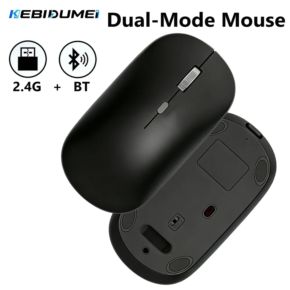 KEBIDU Mouse sem fio Bluetooth 2.4G, modo duplo, mouse para escritório, 1600DPI, recarregável, mouse para jogos, botão silencioso ergonômico para lapt