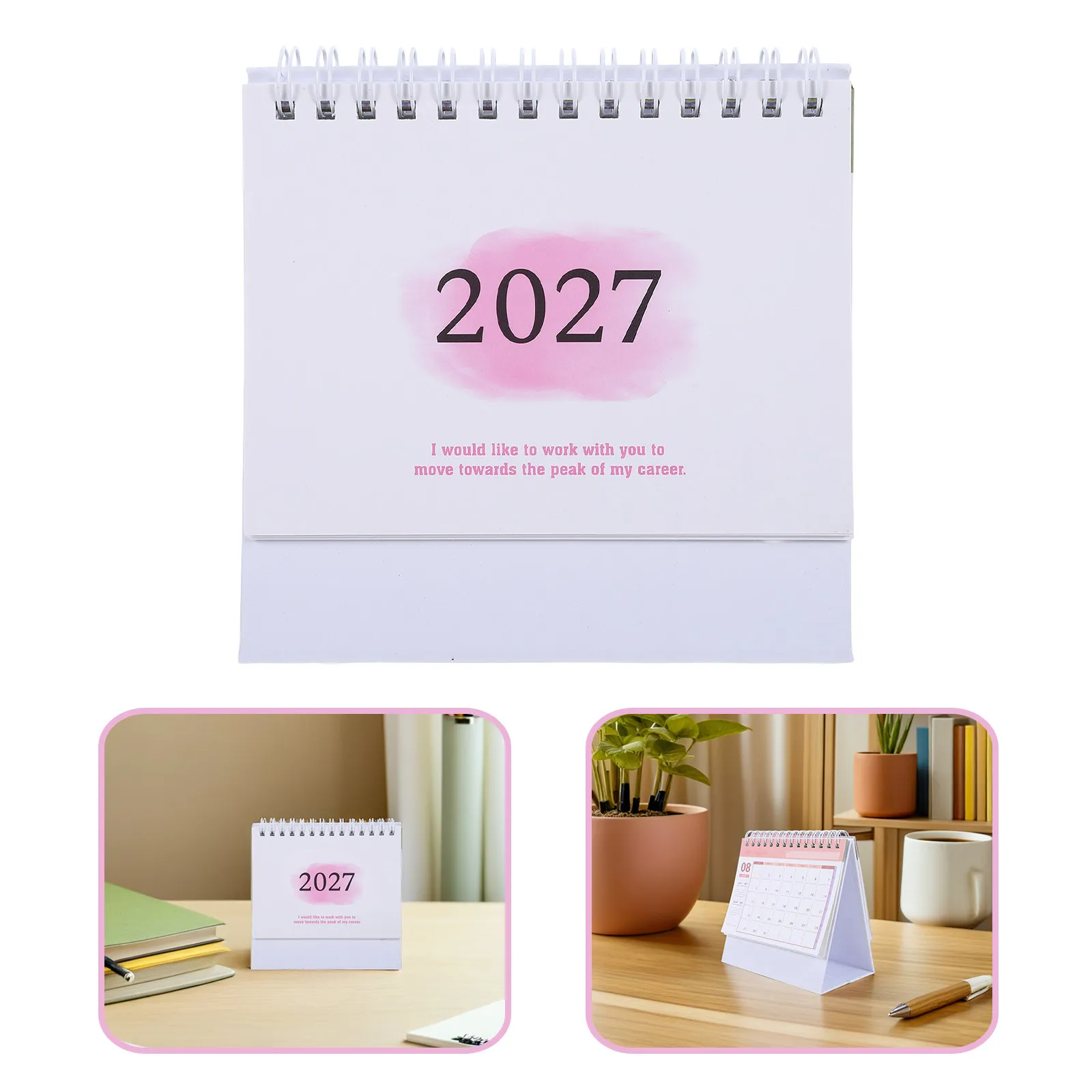 Mini Desktop Calendar 2026-2027 Standing Flip Desk Calendar Twin Wire Binding Gradient Pink Monthly Planner for Daily Use Office