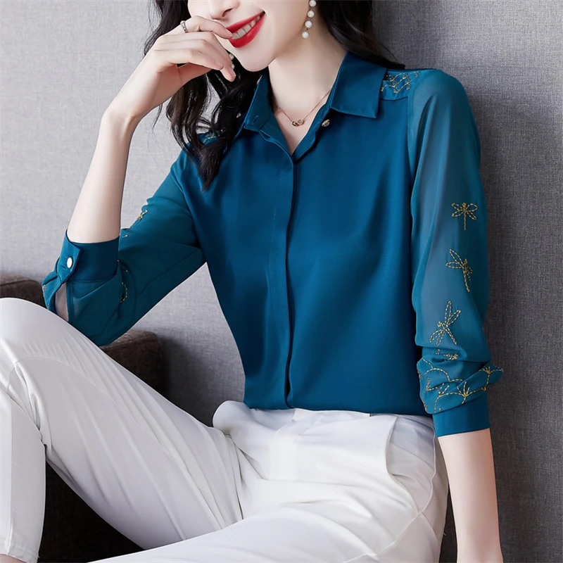 Women\'s Korean Fashion Vintage Button Up Shirt Office Lady Elegant Embroidery Slim Blouse Casual Solid Long Sleeve Tops Blusas