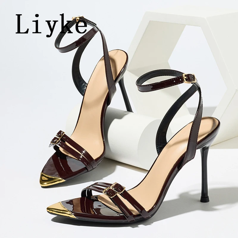 

Liyke Summer Fashion Buckle Strap Women's Sandals Street Sexy Metal Pointed Toe Stiletto High Heels Party Prom Shoes Sandalias