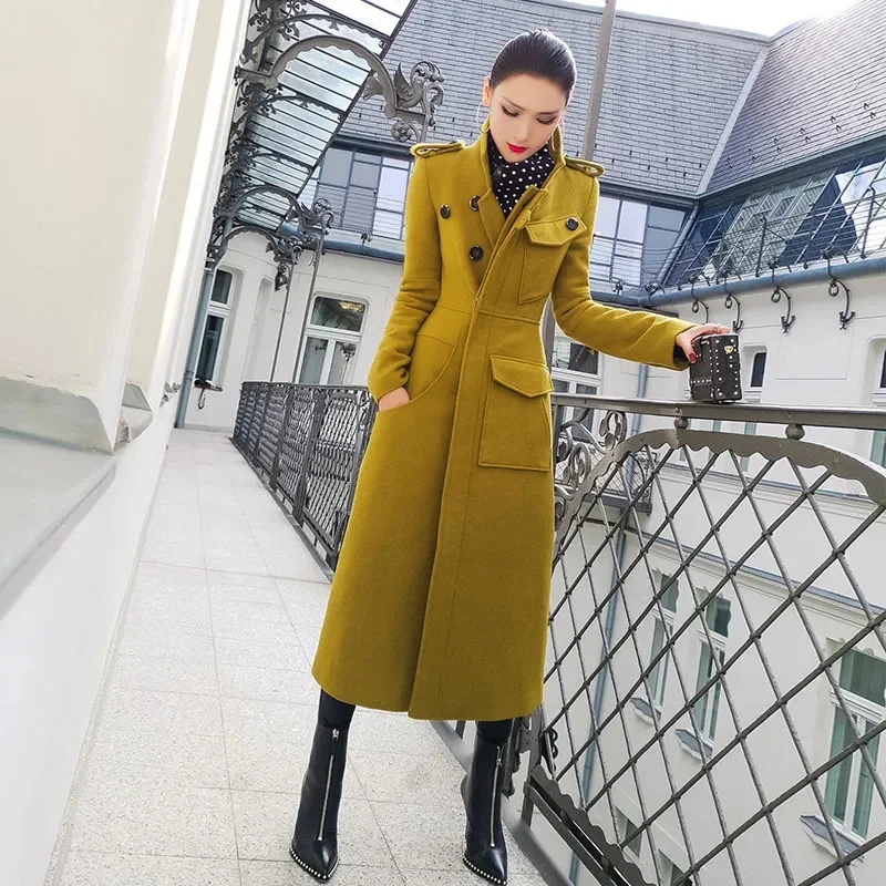 2023Autumn Winter Clothing New Korean Version of Commuter Temperament Slim Slim Mid-length Woolen Coat Woolen Coat Fashion Woman