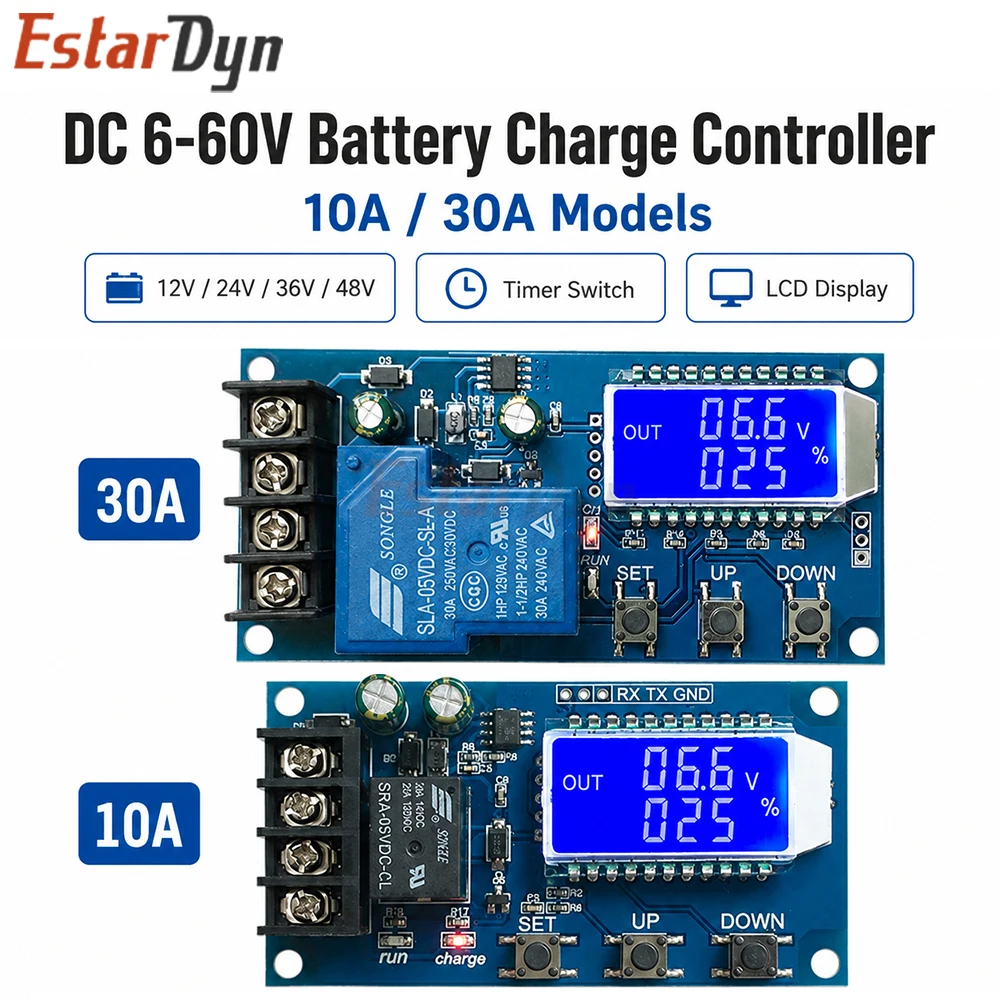 Estardyn 6-60V 30A/10A Solar Charge Controller Protection Board with Timer Capacity Indicator 12V/24V/36V/48V Lead-acid Battery