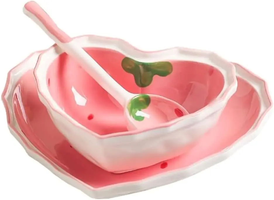 

Heart Shape Ceramic Dinnerware Set, Cute Strawberry Tableware set, Dessert Plate, Salad Bowl, Appetizer Snack Mixing Bowl Plate