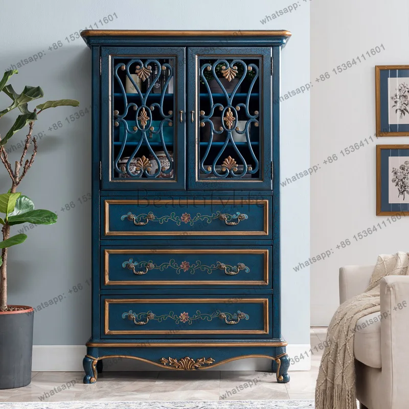 American three-bucket two-door cabinet solid wood retro blue painted side cabinet hollow storage