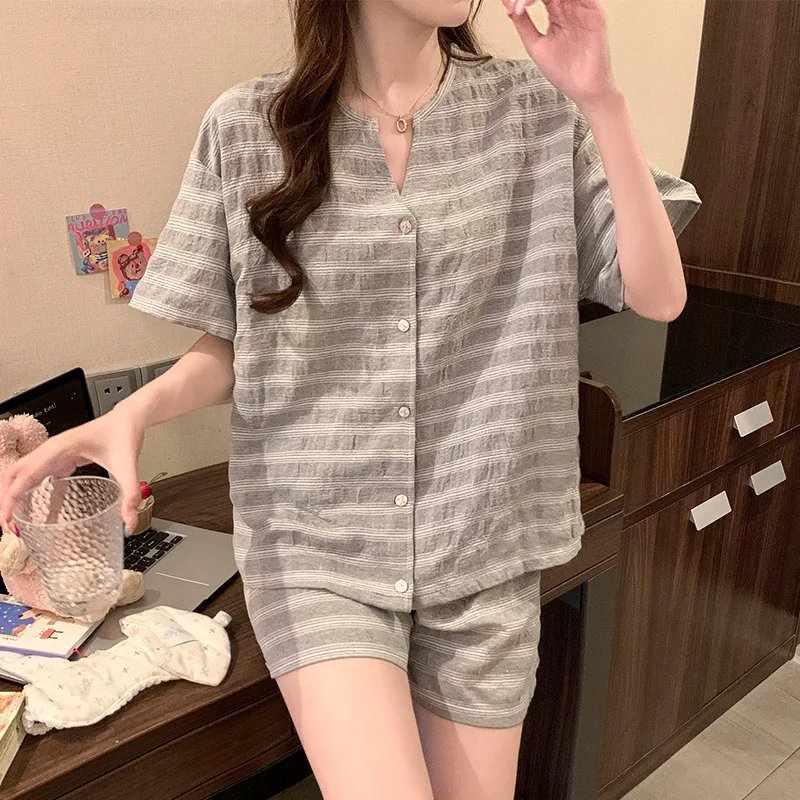 

Women's V Neck 2 Piece Pajamas Set Striped Print Short Sleeve Loungewear Homewear Casual 2026 New Summer Cool Soft Sleepwear