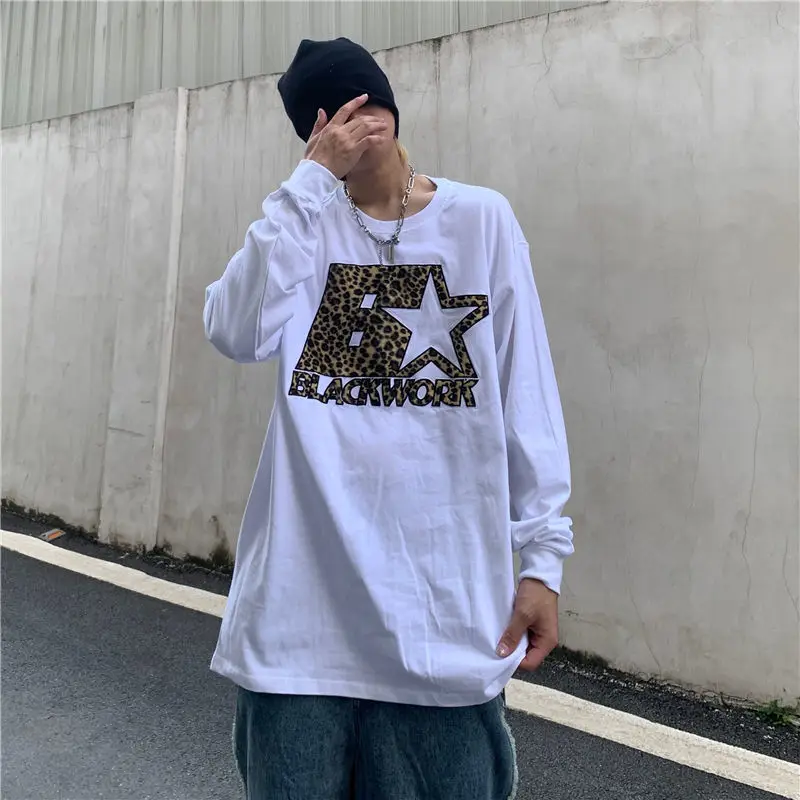 2023 New Spring and Autumn American Leopard Print Loose Relaxed High Street Versatile Fashion Brand Oversize Men's T-shirt