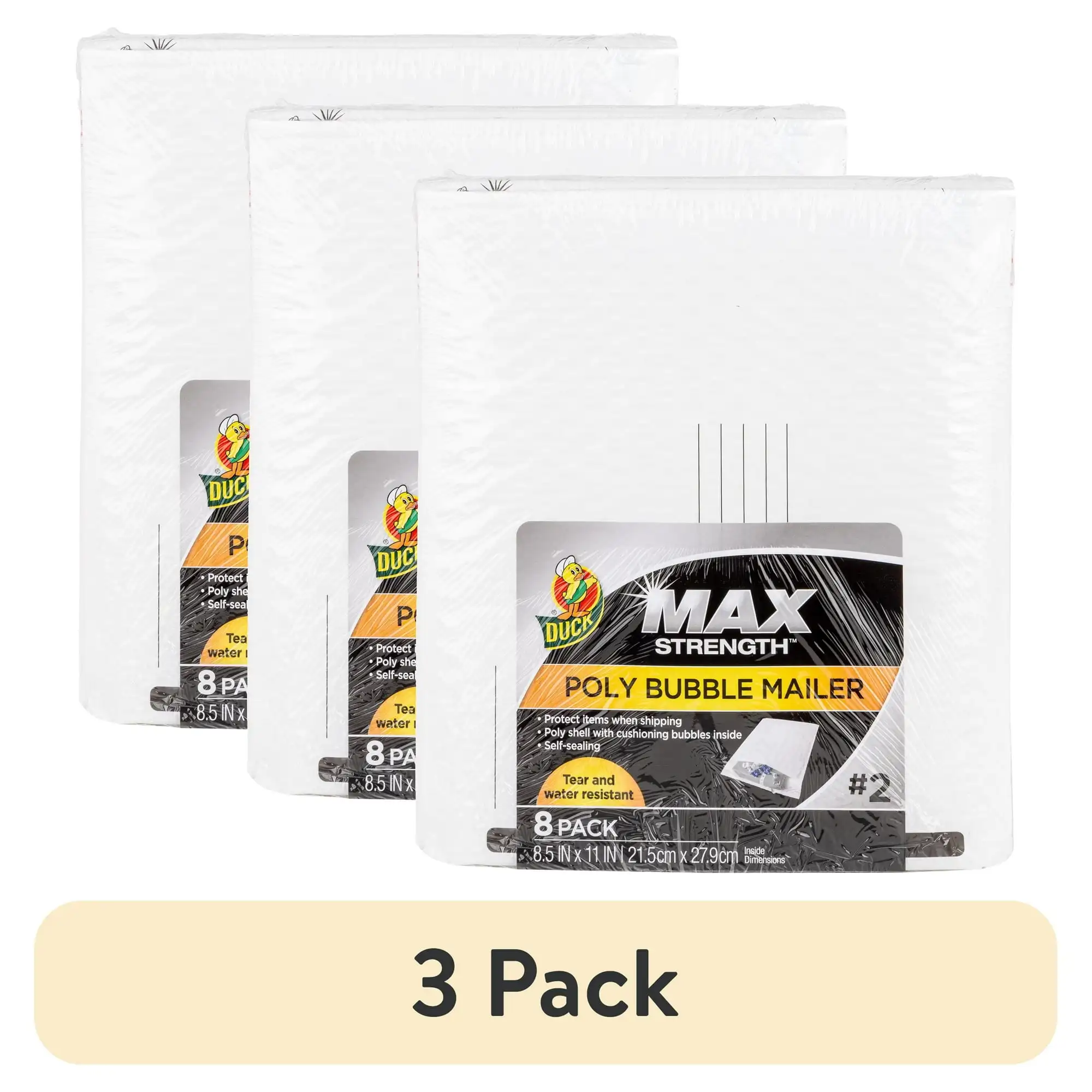 

(3 pack) Duck Max Strength Self-Sealing Big Bubble Poly Mailer #2, 8.5" x 11", Solid Print, 8 Pack