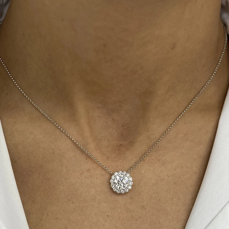 Platinum 950 Halo Pendant Necklace 1.5CT Round Lab Grown Diamond DEF VS-VVS IGI Certified Luxury Women Wedding Anniversary Gift