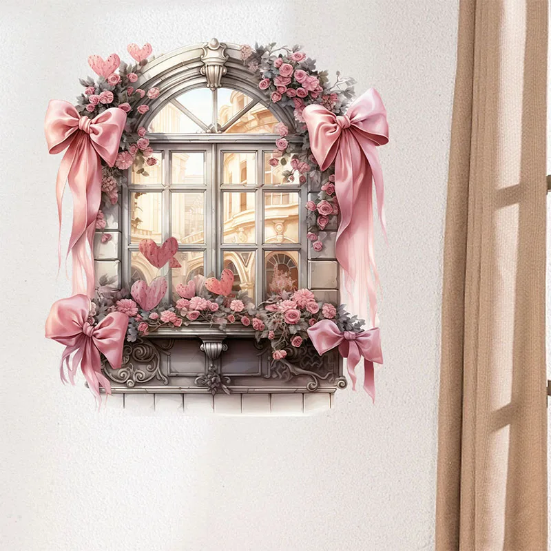 Pink Dream Castle Fake Window Series Sticker Bedroom and Living Room Decoration Self Adhesive Painting