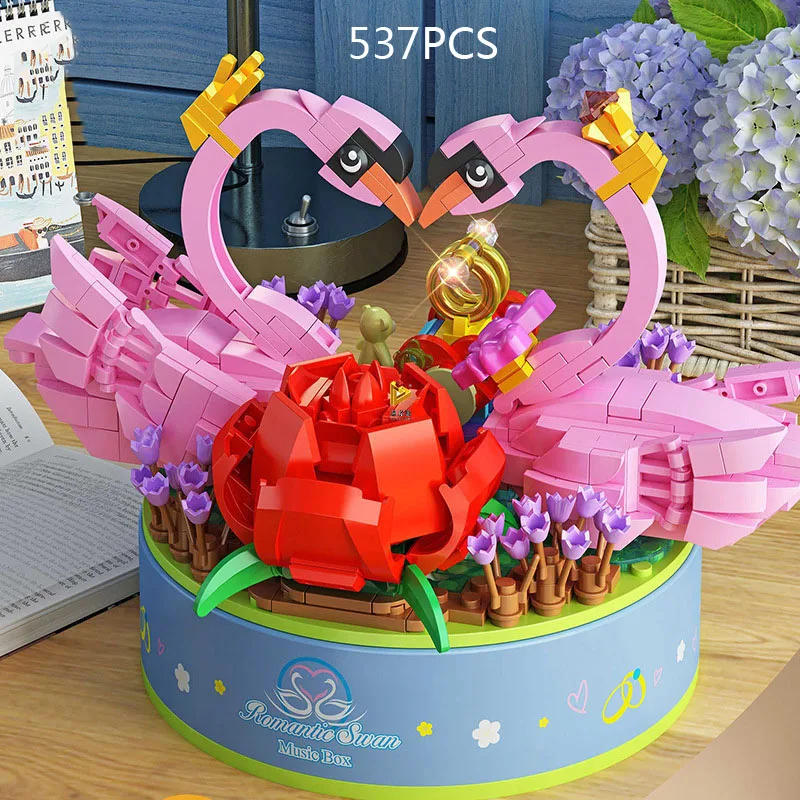 Moc girando rosa cisne amor pássaros caixa de música blocos de construção conjunto romântico ganso decoração brinquedos aniversário feriado presentes do dia dos namorados