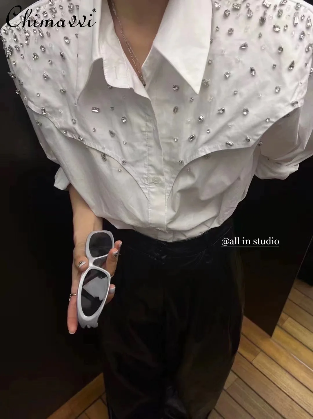 Heavy Rhinestone Loose Long-Sleeved Shirt 2024 Spring and Autumn New OL Fashion Stitching Streetwear All-Matching Blouse Tops