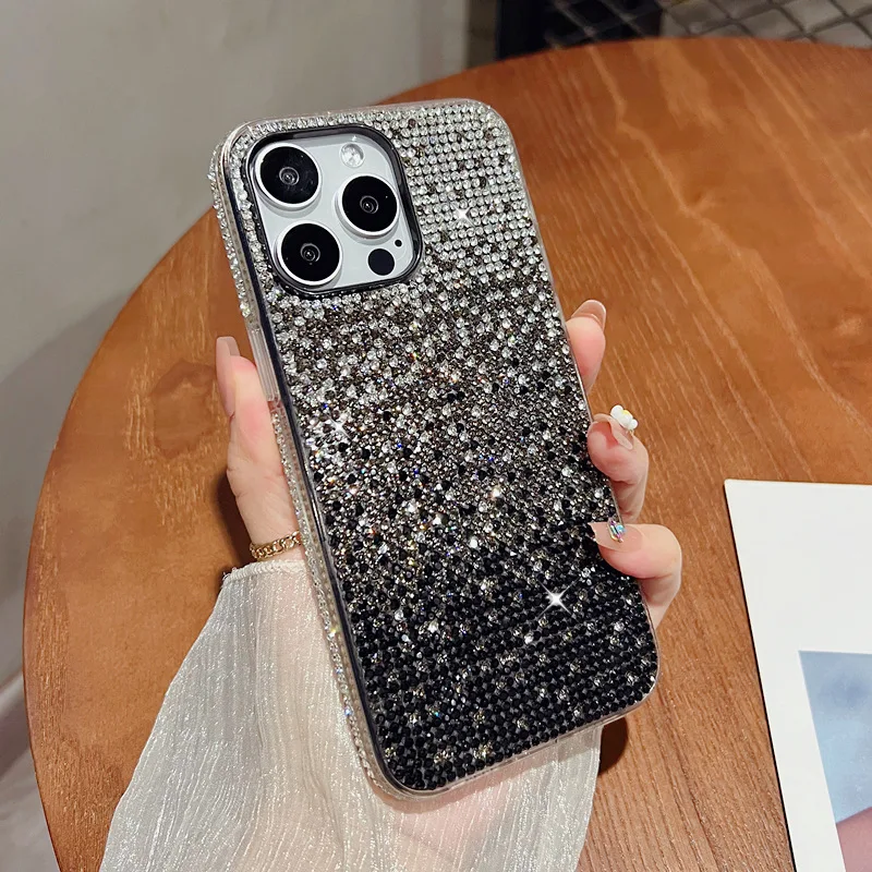 Luxuriöse Bling-Glitzer-Diamant-Farbverlaufs-Strass-Handyhülle für iPhone 16 15 14 Pro Max 13 12 11 X XS 7 8 Plus stoßfeste Abdeckung