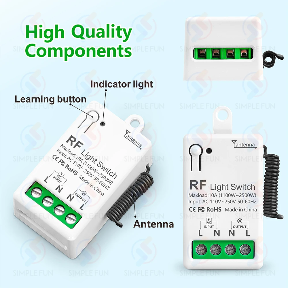 Mini Wireless Remote Control Light Switch 433Mhz 110V 220V 10A,Mini Size Relay Module,Remote Control Interrupter for Lamp LED