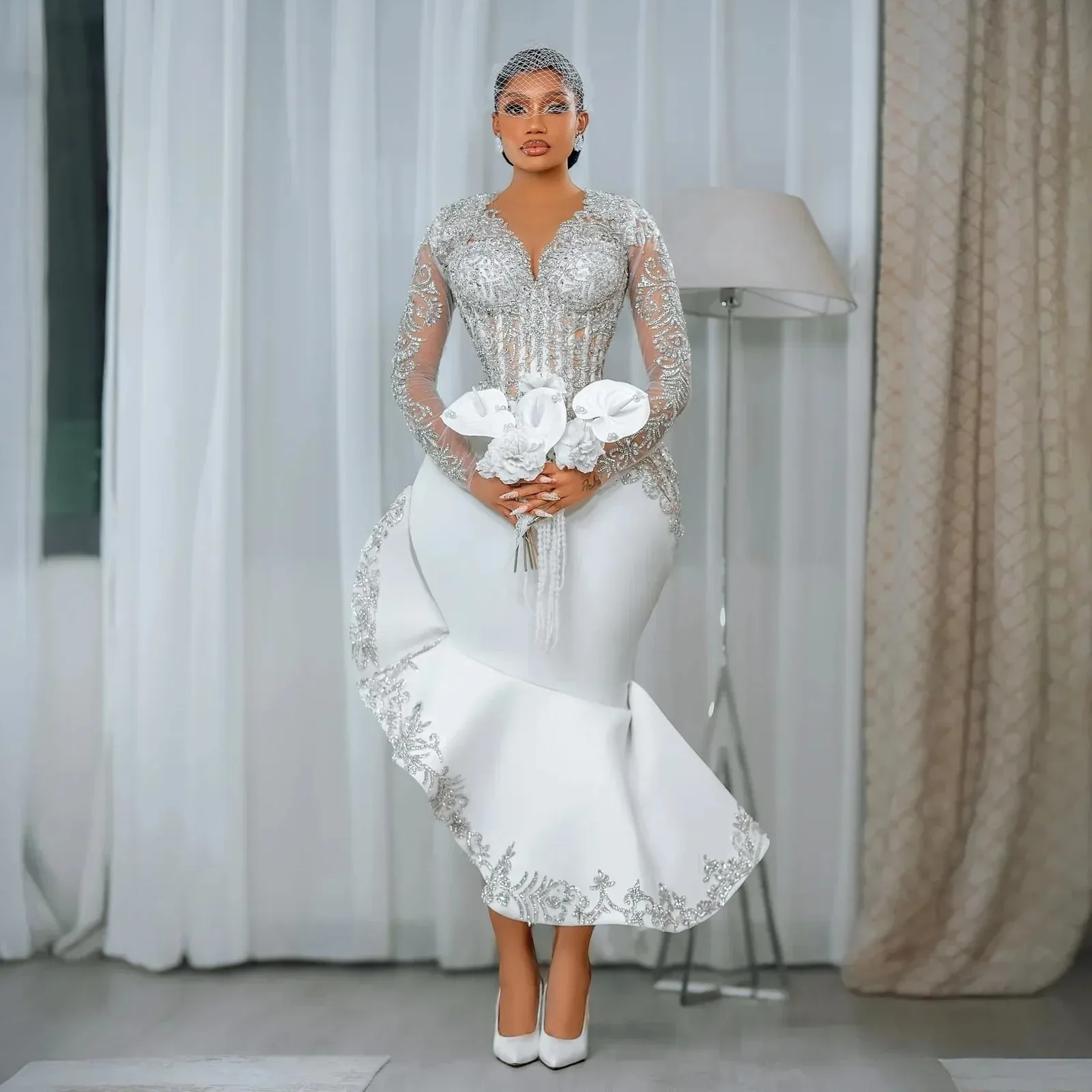 

Customized African Long sleeved Bridal Dress with Lace Beads Mermaid Wedding Dress Black Women's Birthday Party Dress Large Size