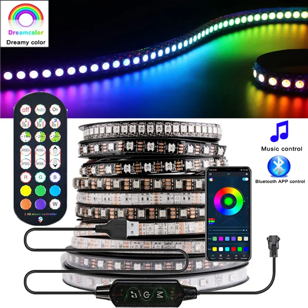 

WS2812B Светодиодная лента RGBIC индивидуально Адресуемая умная RGB Светодиодная лента Waterproofith и комплект дистанционного управления через приложение Bluetooth