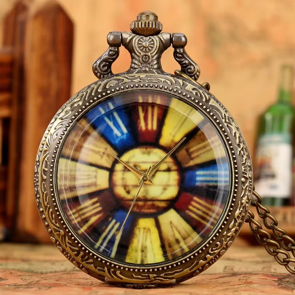 Reloj de bolsillo de cuarzo para hombre, cronógrafo con esfera część romantos coloridos, cadena de collar, colgante de ocio