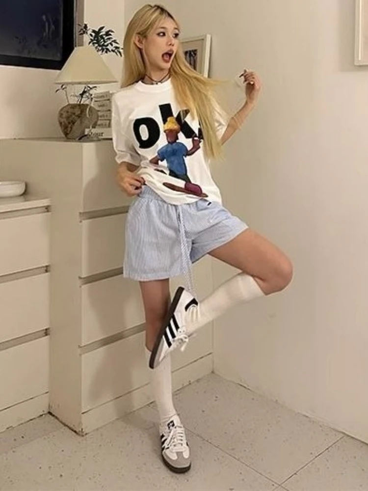 HOUZHOU Y2k Striped Shorts for Women Harajuku Blue Baggy Elastic Waist Short Pants Korean Style Casual Fashion Retro Shorts