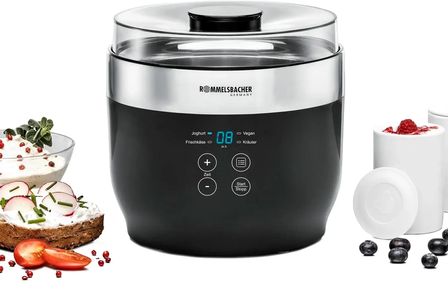 ROMMELSBACHER Joghurt- und Frischkäsebereiter JG80 „Jona“, inkl. 4 Keramik-Portionenbecher à 125 ml,