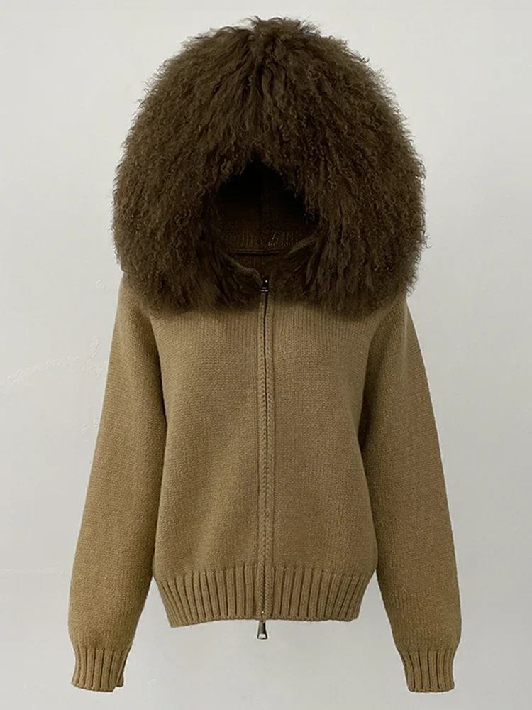 2025 New Winter Knitted Cardigan Women Hooded Mongolia Sheep Fur Sweater Female Fashion Traffic Knitting Clothing Lady