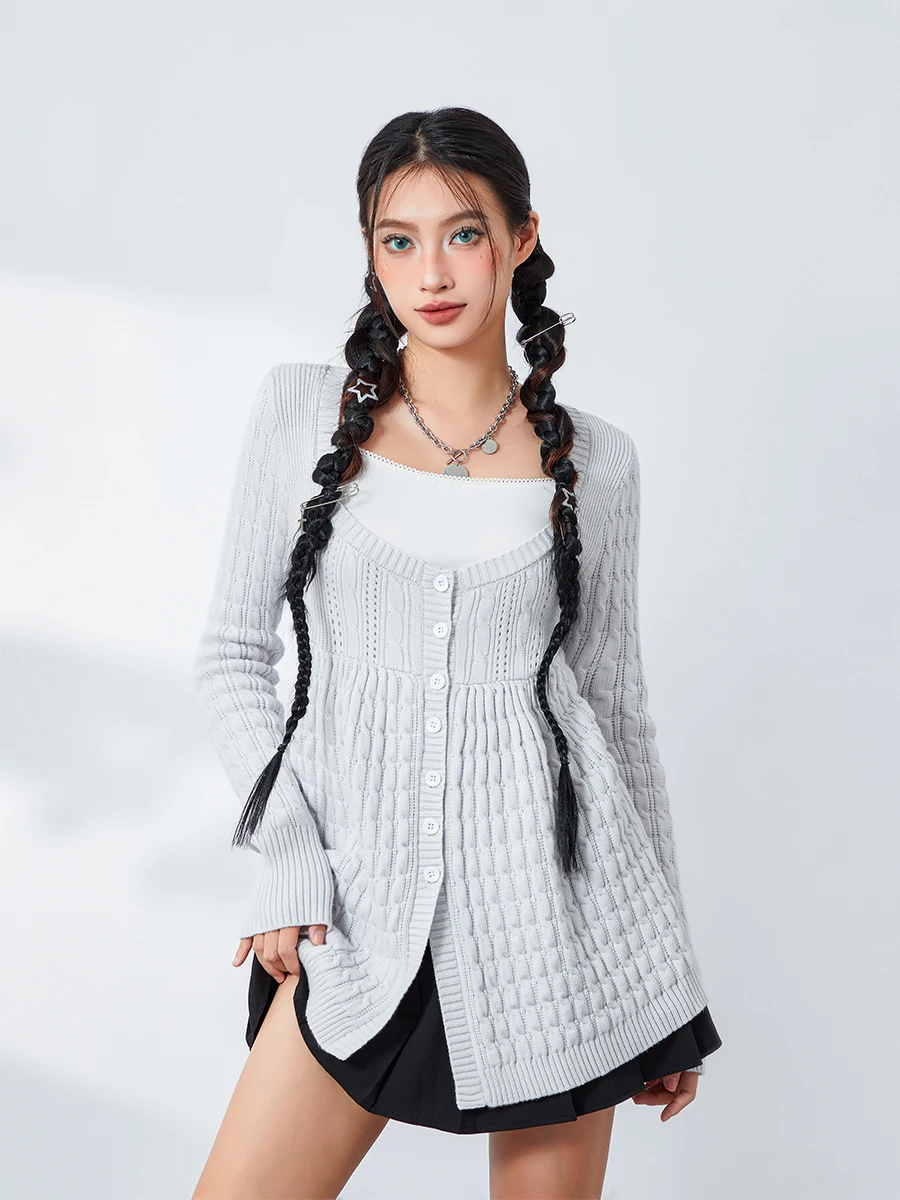 

CHQCDarlys Women s Long Sleeve Knit Sweater Square Neck Button Down Loose Jumpers Tops Y2k Cable Knit Sweaters Top