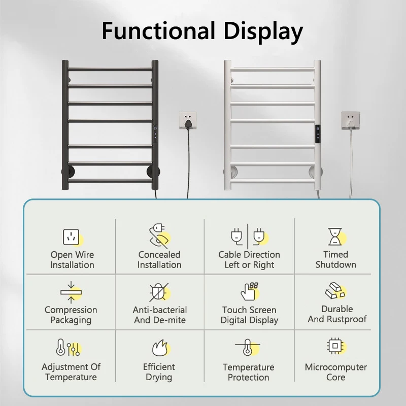 Black/White Bathroom Electric Heated Towel Rail Digital Display Towel Warmer Hidden/Exposed Wires Electric Towel Rack