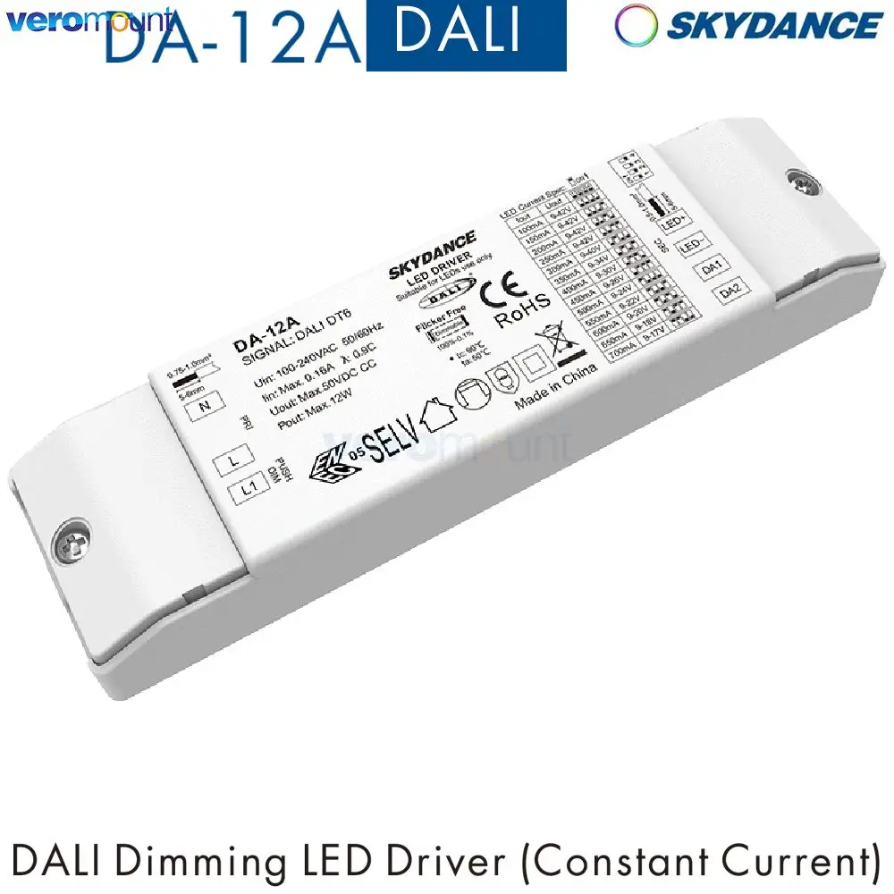 Skydance DA-12A 100-240V AC 12W DALI Constant Current Dimmable LED Driver 100-700mA Total 13 Levels 10-42V DC DALI Power Supply