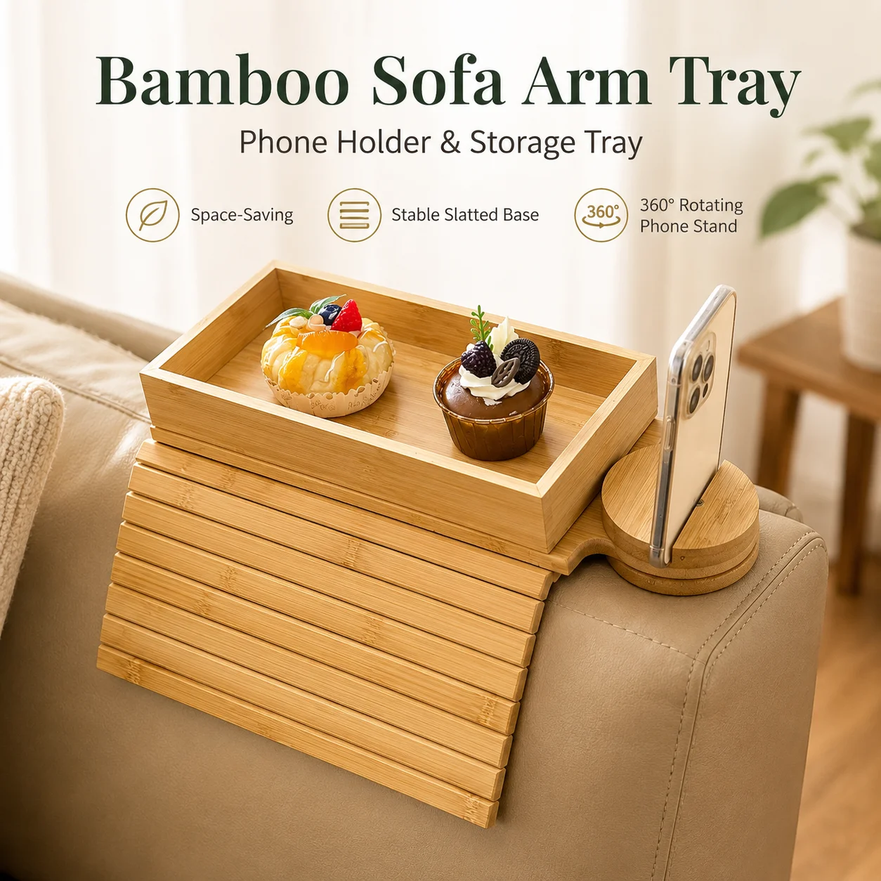 QA Bamboo Sofa Arm Tray with 360° Rotating Phone Holder, Space Saving Couch Arm Table for Snacks Drinks Remote Storage Home Orga
