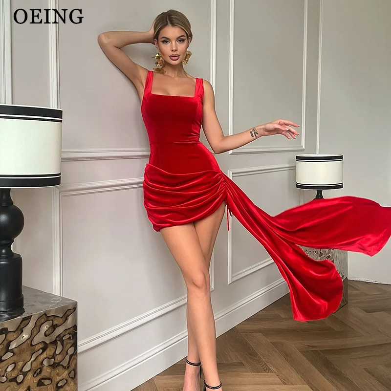 

OEING Simple Mermaid Velvet Party Dresses Red Mini Square Collar Prom Dress Pleats Sleeveless Special Event Gowns Customized