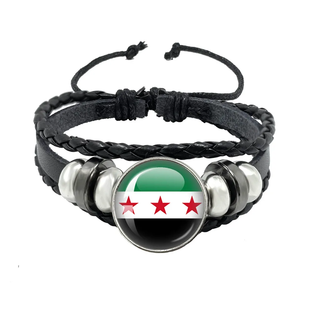 Syria National Flag Leather Bracelet For Men And Women Vintage Handmade Multi layer Class Cabochon Leather Bracelet Gift Jewelry