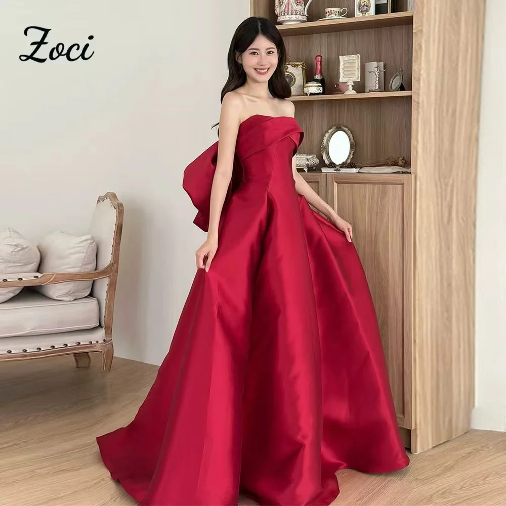 

Zoci Vintage Red Strapless Korea Wedding Dresses Big Bow Corset Satin A Line Bride Photos Shoot Reception Party Gown