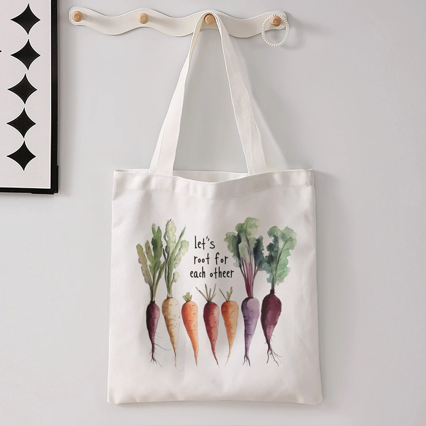 Watercolor Root Vegetables Let's Root For Each Other Text Print Tote Bag 35x40cm Large Shoulder Handbag For Daily Commute