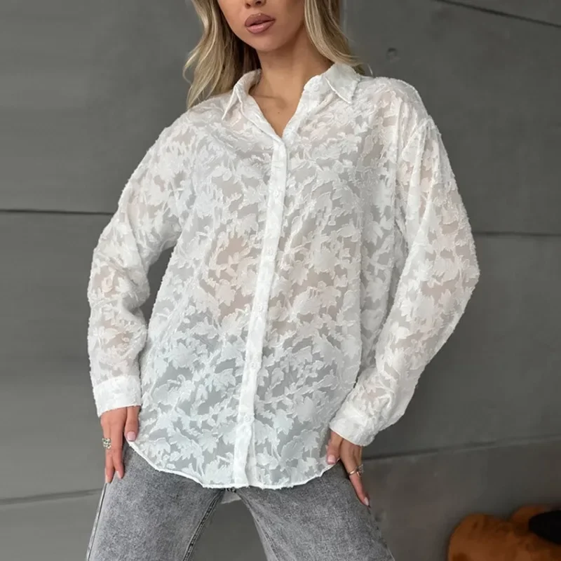 Women's French White Jacquard Shirt New Fashion Female Clothing Temperament 2024 Autumn Women Sexy Elegant Lapel Loose Blouses