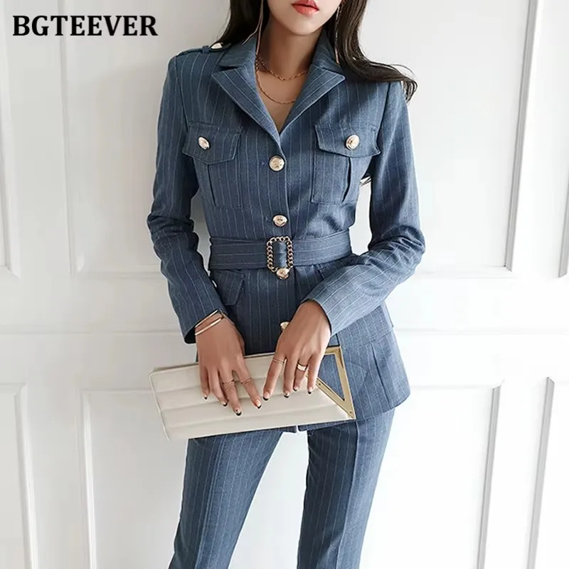 

BGTEEVER Elegant Women Striped Trousers Suits Full Sleeve Belted Single-breasted Jackets & High Waist Pants Spring Ladies Outfit